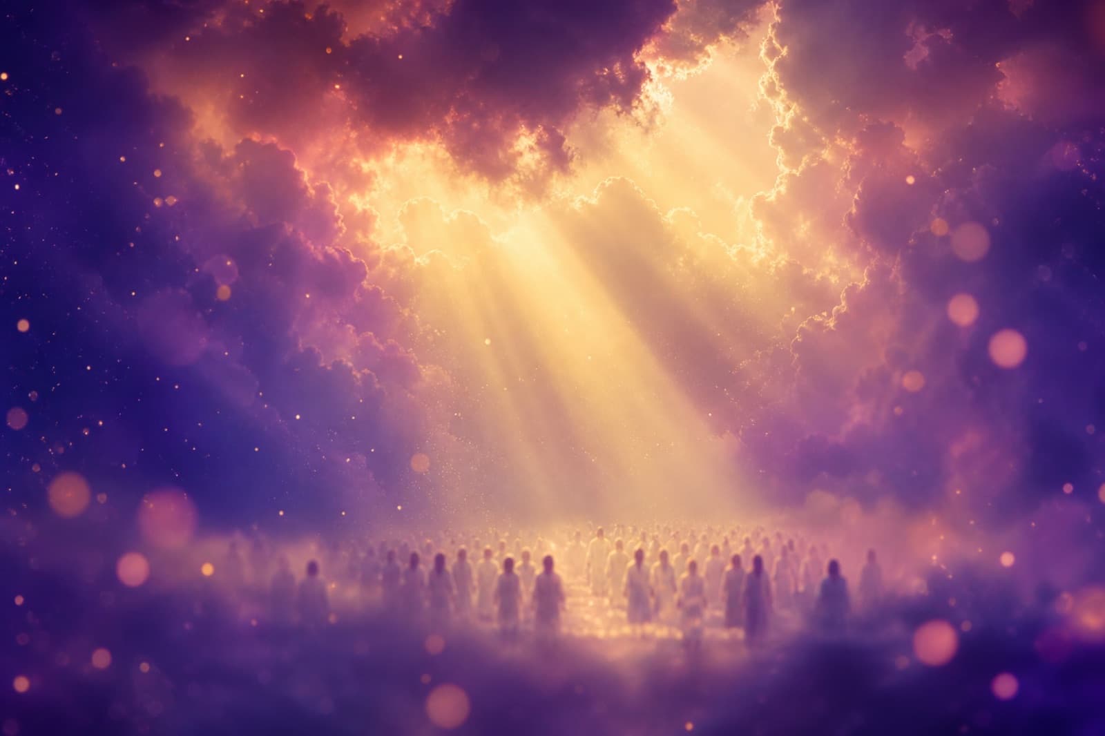 A congregation in white before heavenly light