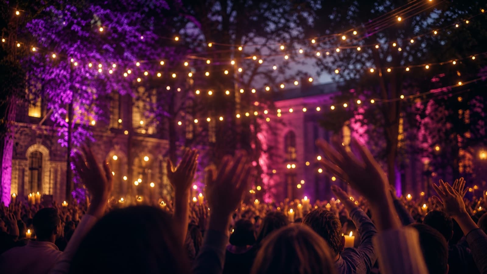 Evening worship gathering with lights