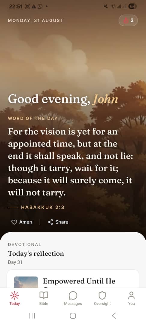 The Mathetes Today screen with a greeting and the Word of the Day